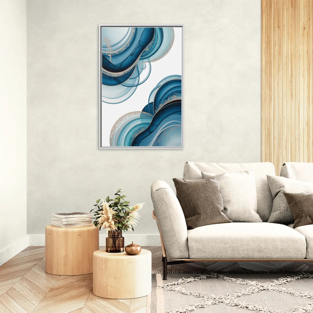 Serene Flowing Opulence Blue Abstract - Living Room White Frame Canvas