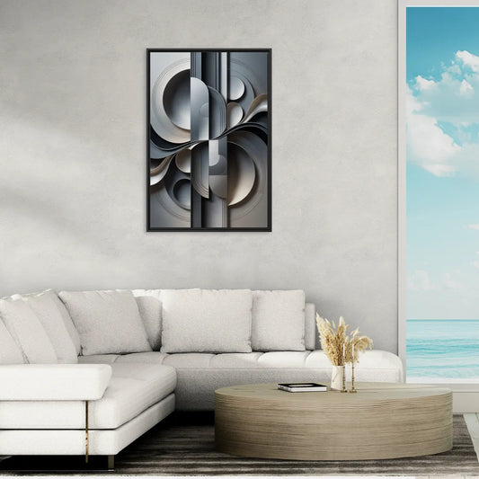 Serene Geometric Elegance Grey Abstract - Living Room Black Frame Canvas