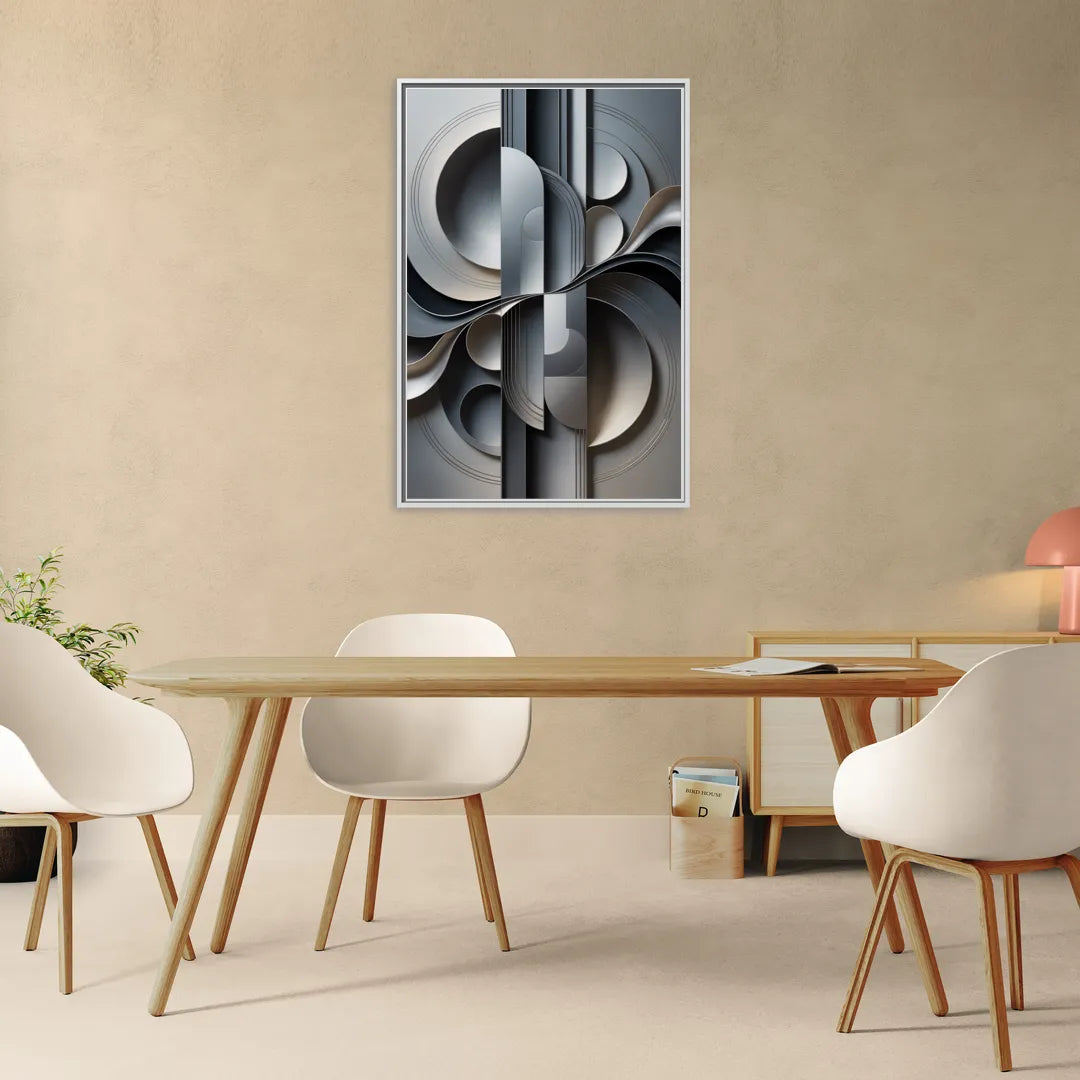 Serene Geometric Elegance Grey Abstract - Living Room White Frame Canvas