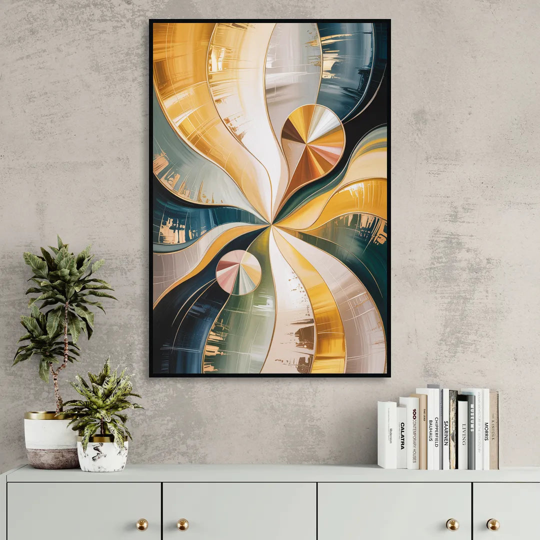 Serene Geometric Elegance Yellow and Grey Abstract Living Room - Black Canvas Wall Art
