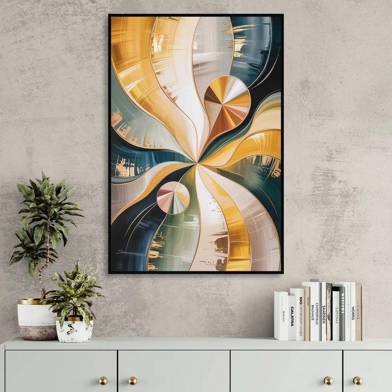 Serene Geometric Elegance Yellow and Grey Abstract Living Room - Black Canvas Wall Art