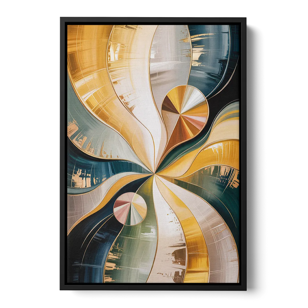 Serene Geometric Elegance Yellow and Grey Abstract - Black Frame Canvas