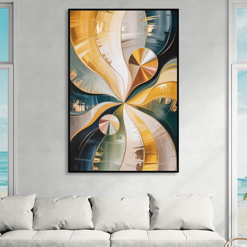 Serene Geometric Elegance Yellow and Grey Abstract Sitting Room - Black Canvas Wall Art