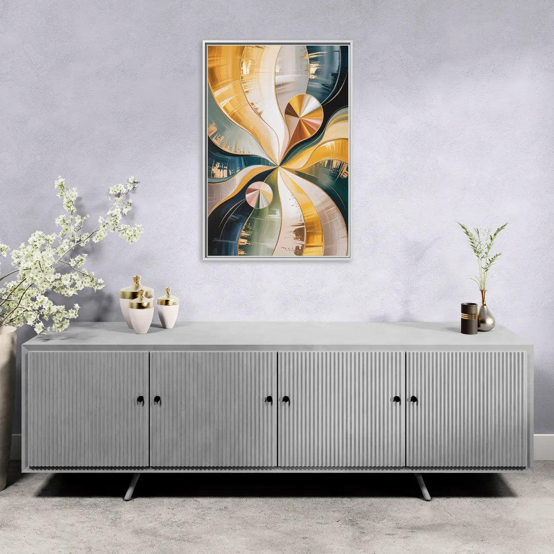 Serene Geometric Elegance Yellow and Grey Abstract - Living Room White Frame Canvas