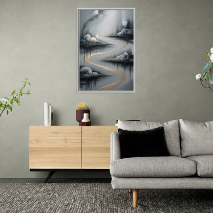 Serene Landscape Grey Abstract - Living Room White Frame Canvas
