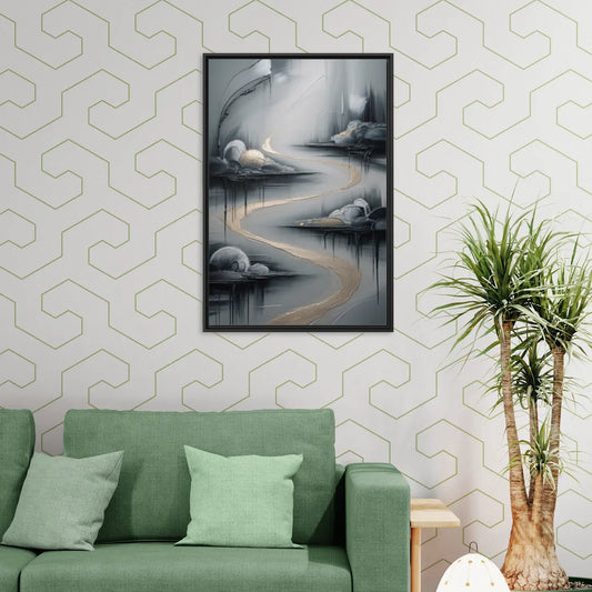 Serene Landscape Grey Abstract - Living Room Black Frame Canvas