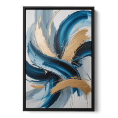 Serene Opulence Blue and Gold Abstract - Black Framed Canvas Wall Art - Front
