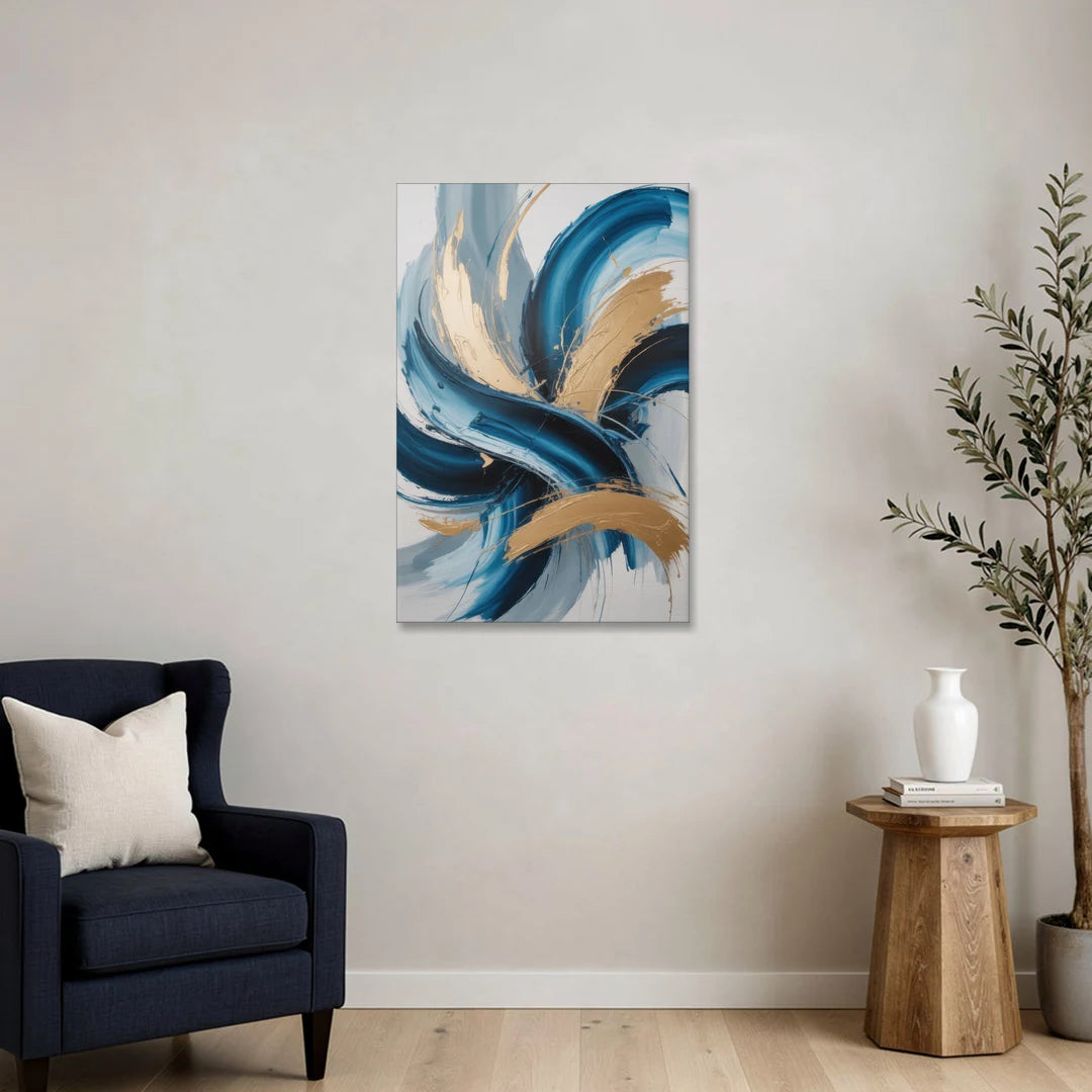 Serene Opulence Blue and Gold Abstract - Canvas Wall Art - Sofa - 24x36