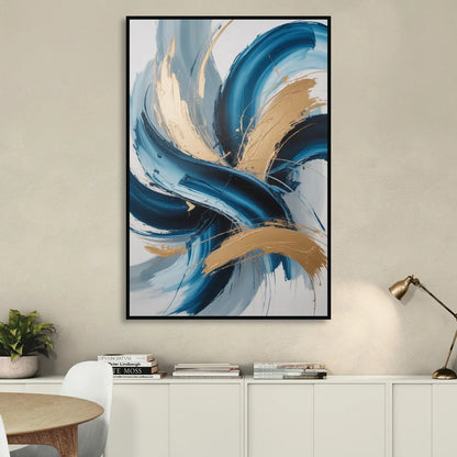 Serene Opulence Blue and Gold Abstract Living Room - Black Canvas Wall Art