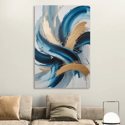 Serene Opulence Blue and Gold Abstract Living Room - Canvas Wall Art