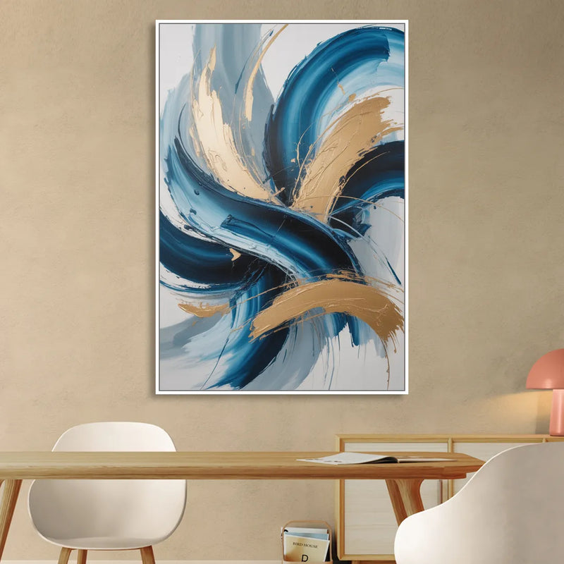 Serene Opulence Blue and Gold Abstract Sitting Room - White Canvas Wall Art