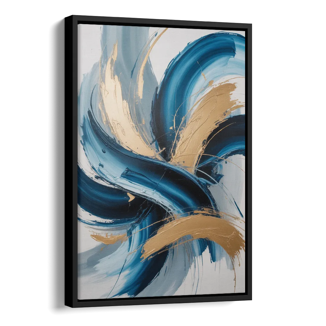 Serene Opulence Blue and Gold Abstract Side - Black Canvas Wall Art