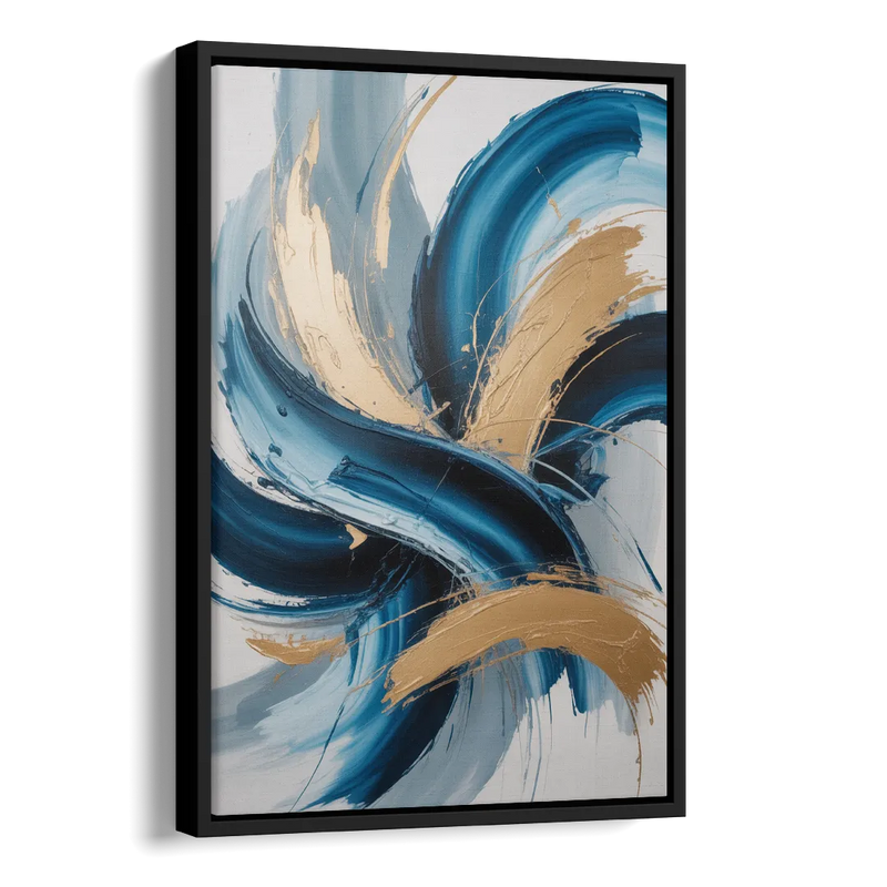 Serene Opulence Blue and Gold Abstract Side - Black Canvas Wall Art