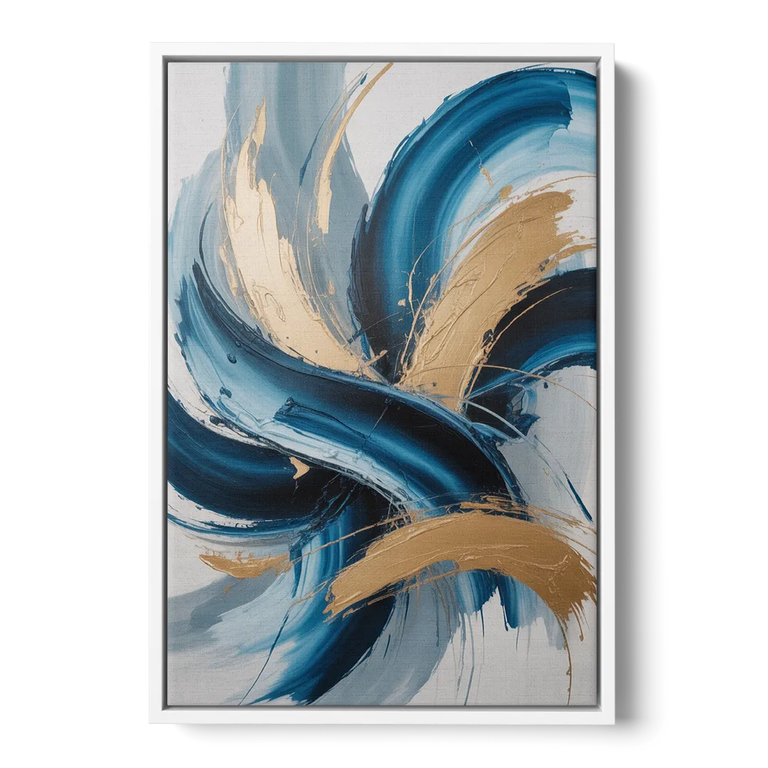 Serene Opulence Blue and Gold Abstract - White Frame Canvas