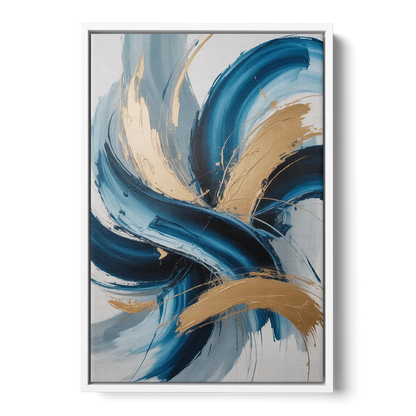 Serene Opulence Blue and Gold Abstract - White Frame Canvas