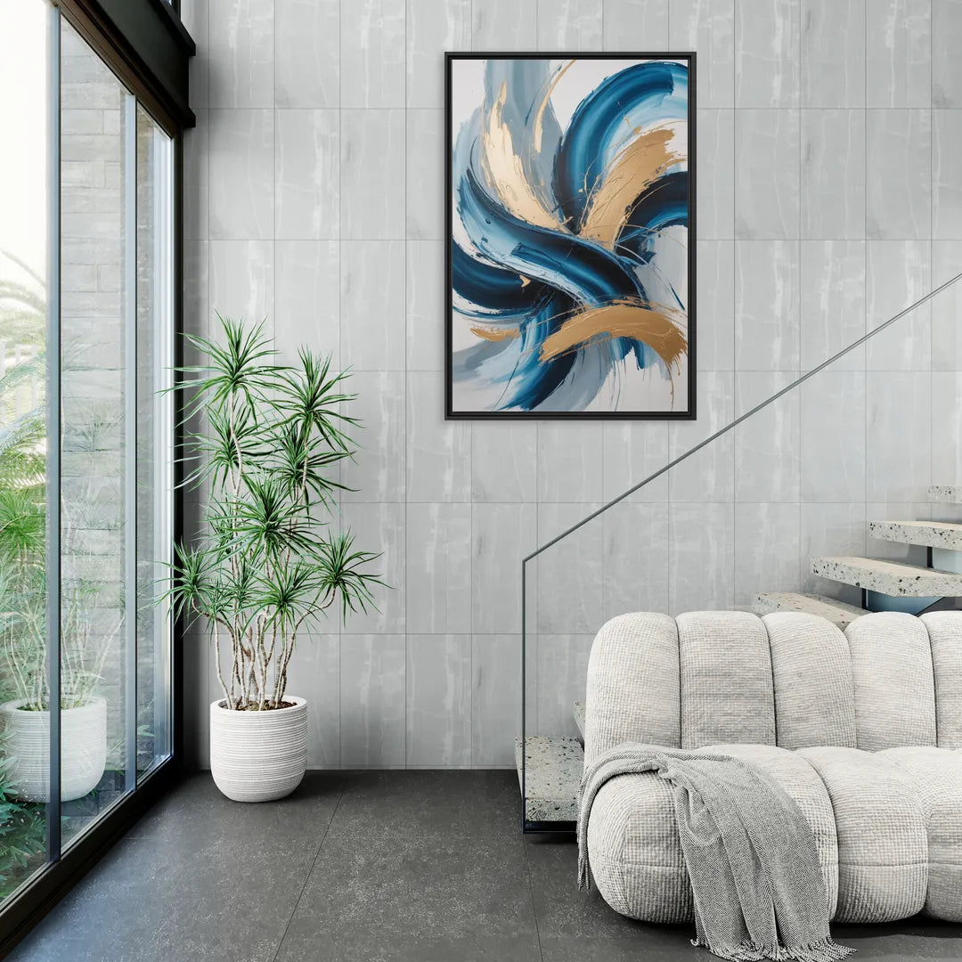 Serene Opulence Blue and Gold Abstract - Living Room Black Frame Canvas