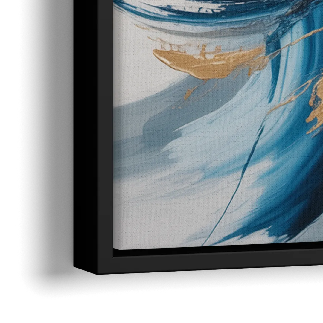 Serene Opulence Blue and Gold Abstract - Close-Up Black Frame Canvas