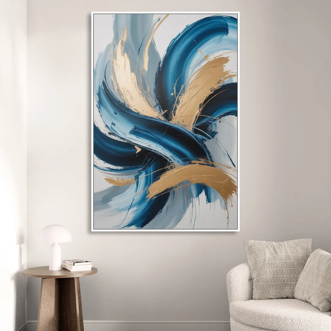 Serene Opulence Blue and Gold Abstract Living Room - White Canvas Wall Art