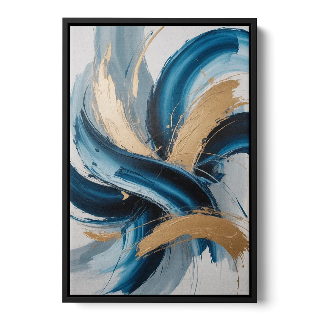 Serene Opulence Blue and Gold Abstract - Black Frame Canvas