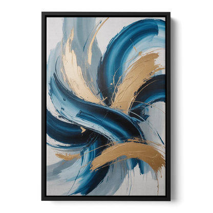 Serene Opulence Blue and Gold Abstract - Black Frame Canvas