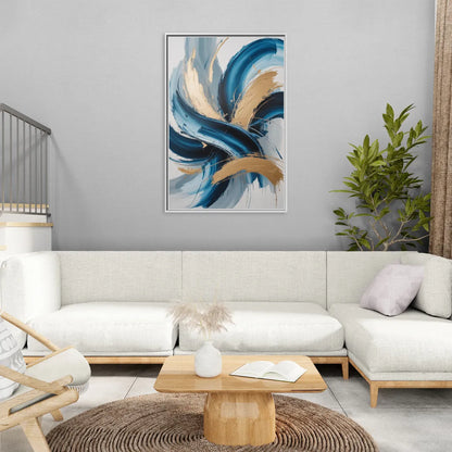 Serene Opulence Blue and Gold Abstract - Living Room White Frame Canvas