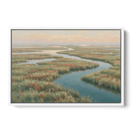 Serene Salt Marsh Creek at Morning - White Framed Canvas Wall Art - Front