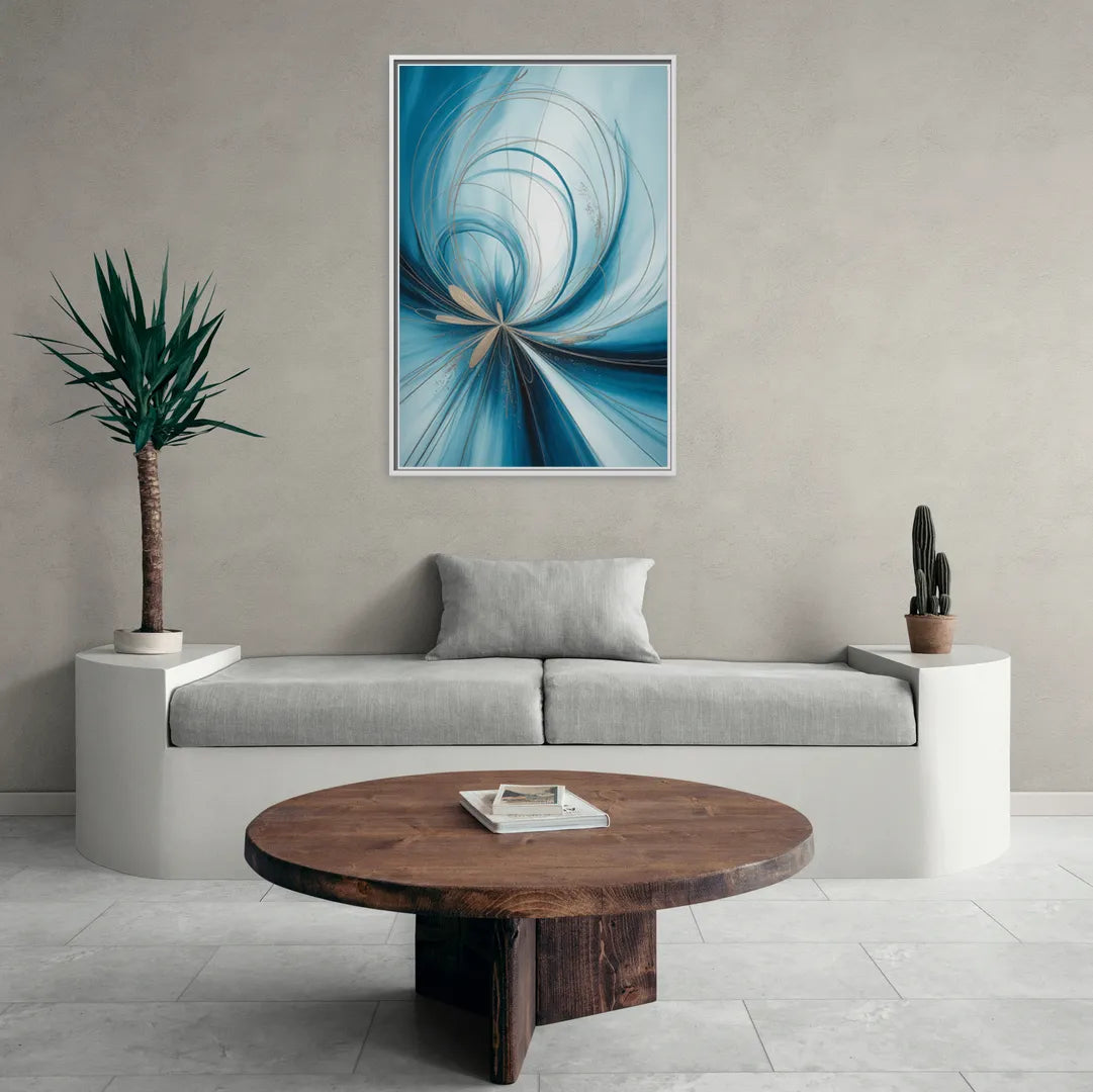 Serene Vortex Blue Abstract - Living Room White Frame Canvas
