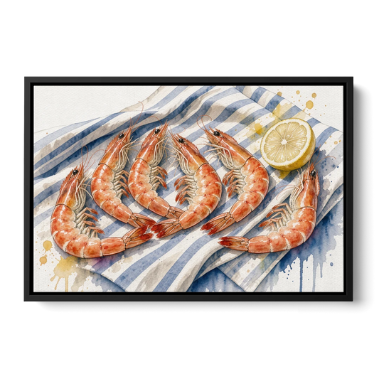 Seven Shrimp and a Lemon on Striped Linen - Black Framed Canvas Wall Art - Front