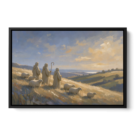 Shepherds Nativity Painting at Golden Dawn - Black Framed Canvas Wall Art - Front