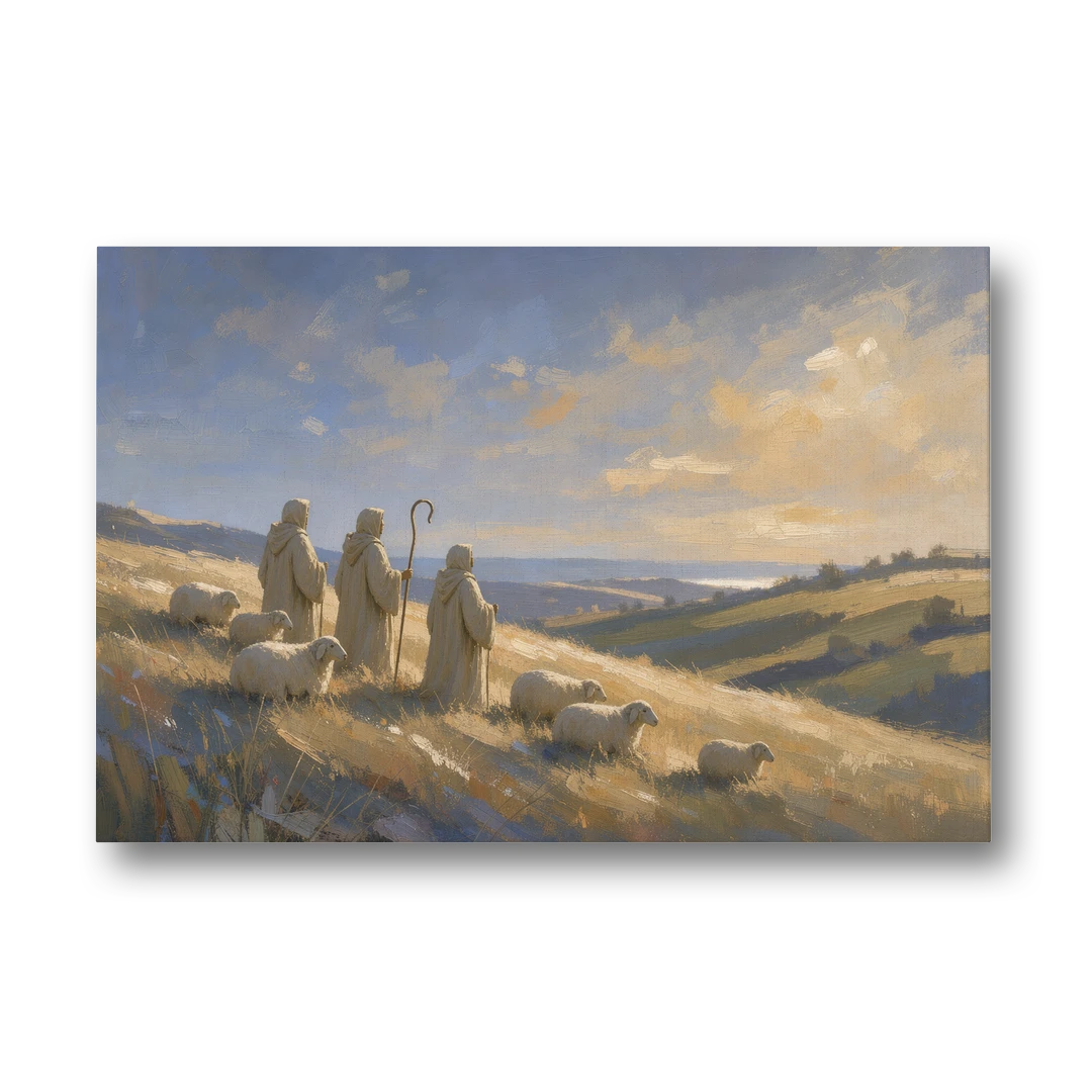 Shepherds Nativity Painting at Golden Dawn - Canvas Wall Art - Front