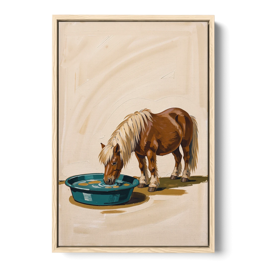 Shetland Pony Drinks the Bathwater - Oak Framed Canvas Wall Art - Front