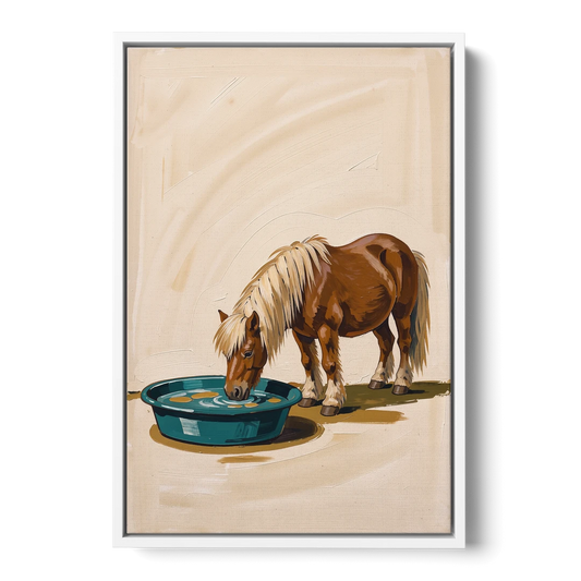 Shetland Pony Drinks the Bathwater - White Framed Canvas Wall Art - Front