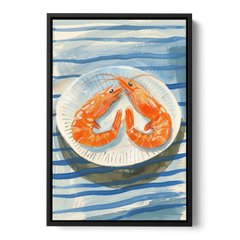 Shrimp Painting on a Blue Striped Cloth - Black Framed Canvas Wall Art - Front