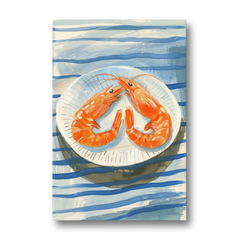 Shrimp Painting on a Blue Striped Cloth - Canvas Wall Art - Front