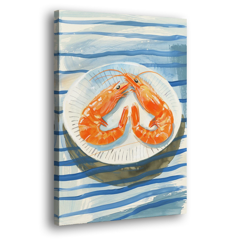 Shrimp Painting on a Blue Striped Cloth - Canvas Wall Art - Side
