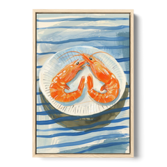 Shrimp Painting on a Blue Striped Cloth - Oak Framed Canvas Wall Art - Front