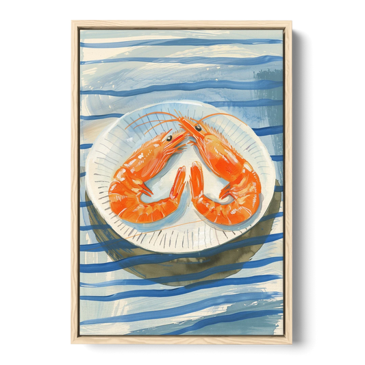 Shrimp Painting on a Blue Striped Cloth - Oak Framed Canvas Wall Art - Front