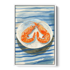 Shrimp Painting on a Blue Striped Cloth - White Framed Canvas Wall Art - Front