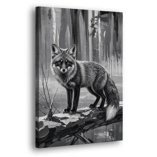 Silver Fox on the Fallen Log - Canvas Wall Art - Side