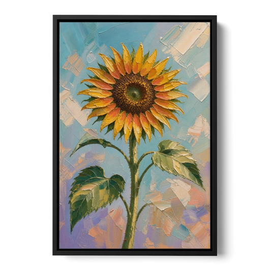 Single Sunflower Painting Against Violet Sky - Black Framed Canvas Wall Art - Front