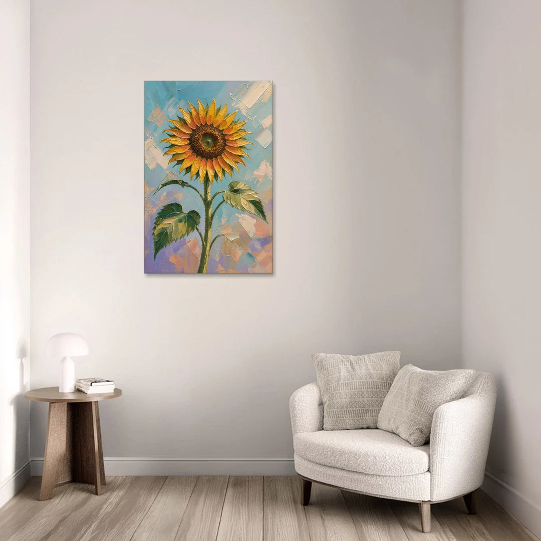 Single Sunflower Painting Against Violet Sky - Canvas Wall Art - Sofa - 24x36