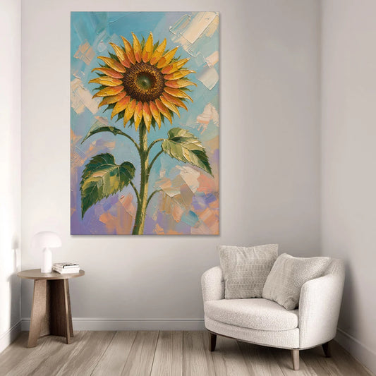 Single Sunflower Painting Against Violet Sky - Canvas Wall Art - Sofa - 40x60
