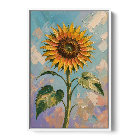 Single Sunflower Painting Against Violet Sky - White Framed Canvas Wall Art - Front