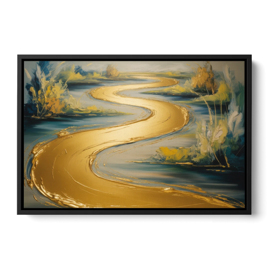 Sinuous River Gold Abstract - Black Framed Canvas Wall Art - Front