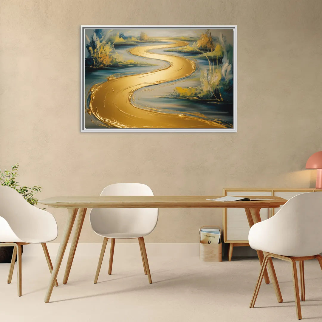 Sinuous River Gold Abstract - Living Room White Frame Canvas