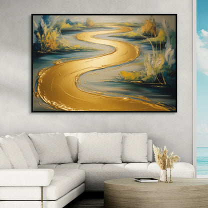 Sinuous River Gold Abstract Living Room - Black Canvas Wall Art