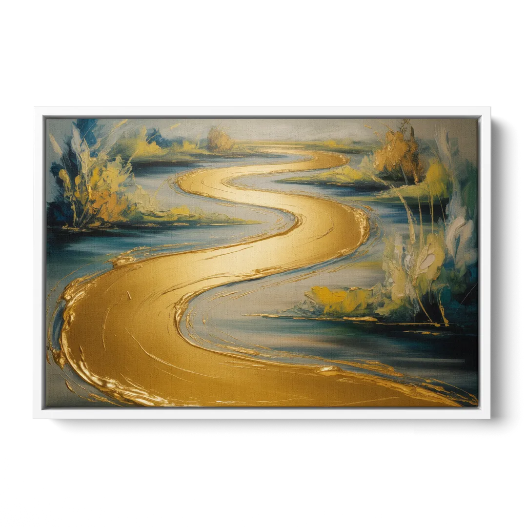 Sinuous River Gold Abstract - White Frame Canvas