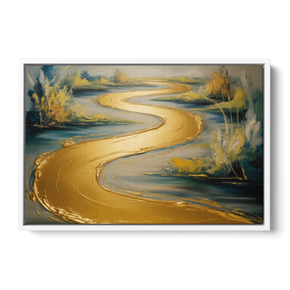 Sinuous River Gold Abstract - White Frame Canvas