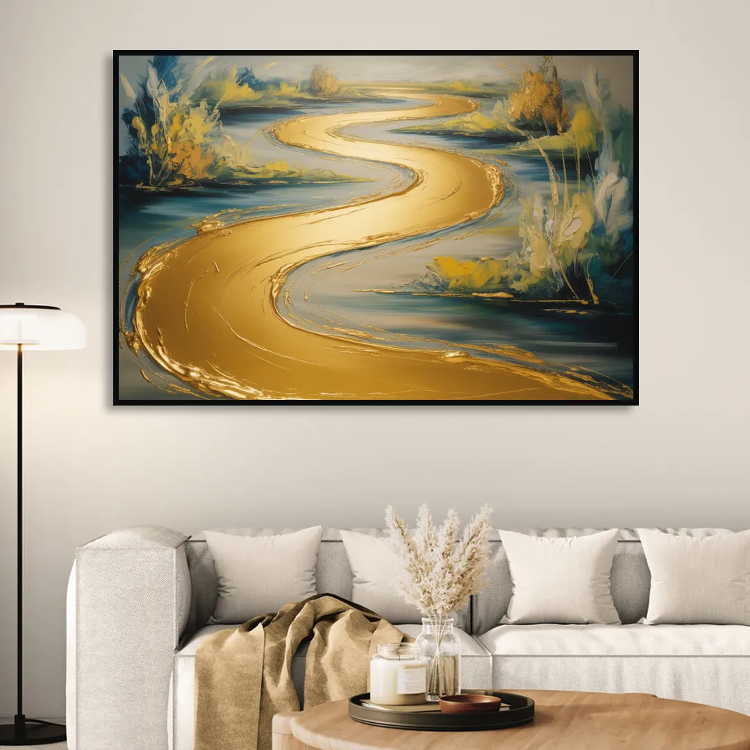Sinuous River Gold Abstract Sitting Room - Black Canvas Wall Art