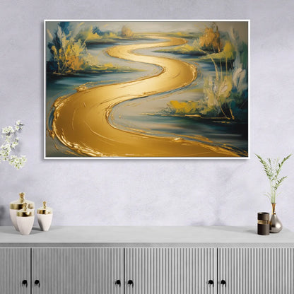 Sinuous River Gold Abstract Sitting Room - White Canvas Wall Art